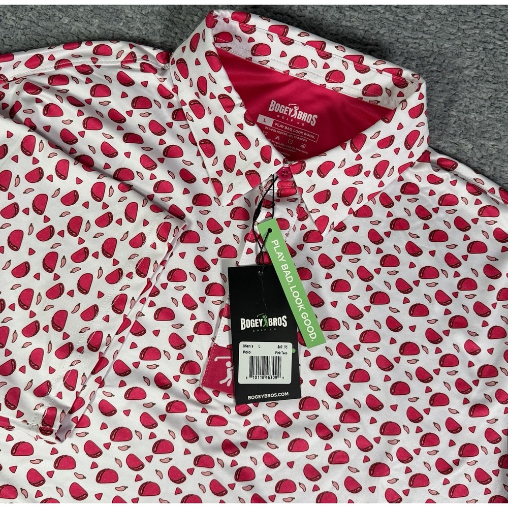 BOGEY BROS Polo Mens Large Short Sleeve White/Pink Taco & Chilies Pattern